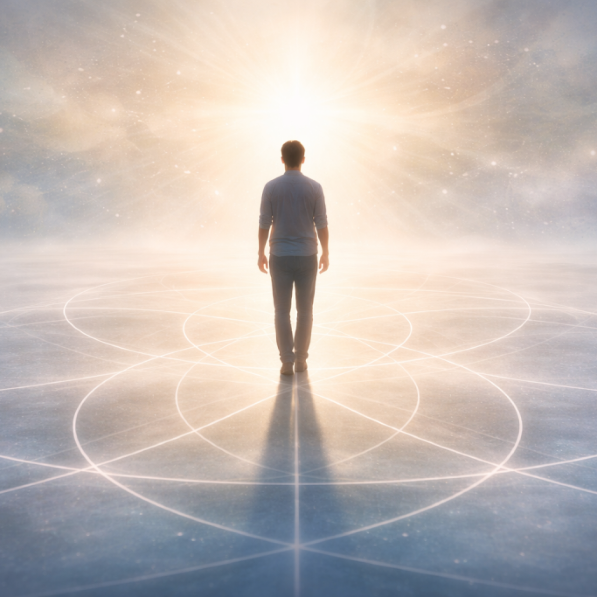 Person facing luminous horizon representing the structured process of creating alignment and intentional change