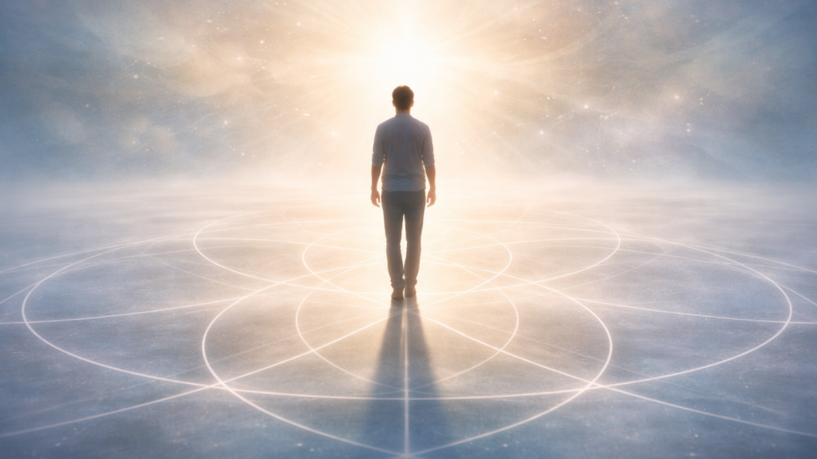 Person facing luminous horizon representing the structured process of creating alignment and intentional change