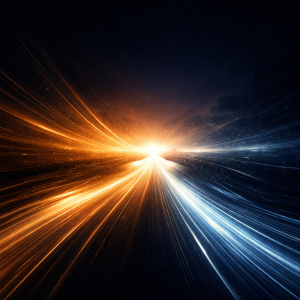 Converging light streams forming a forward direction symbolizing aligned motivation and sustained momentum