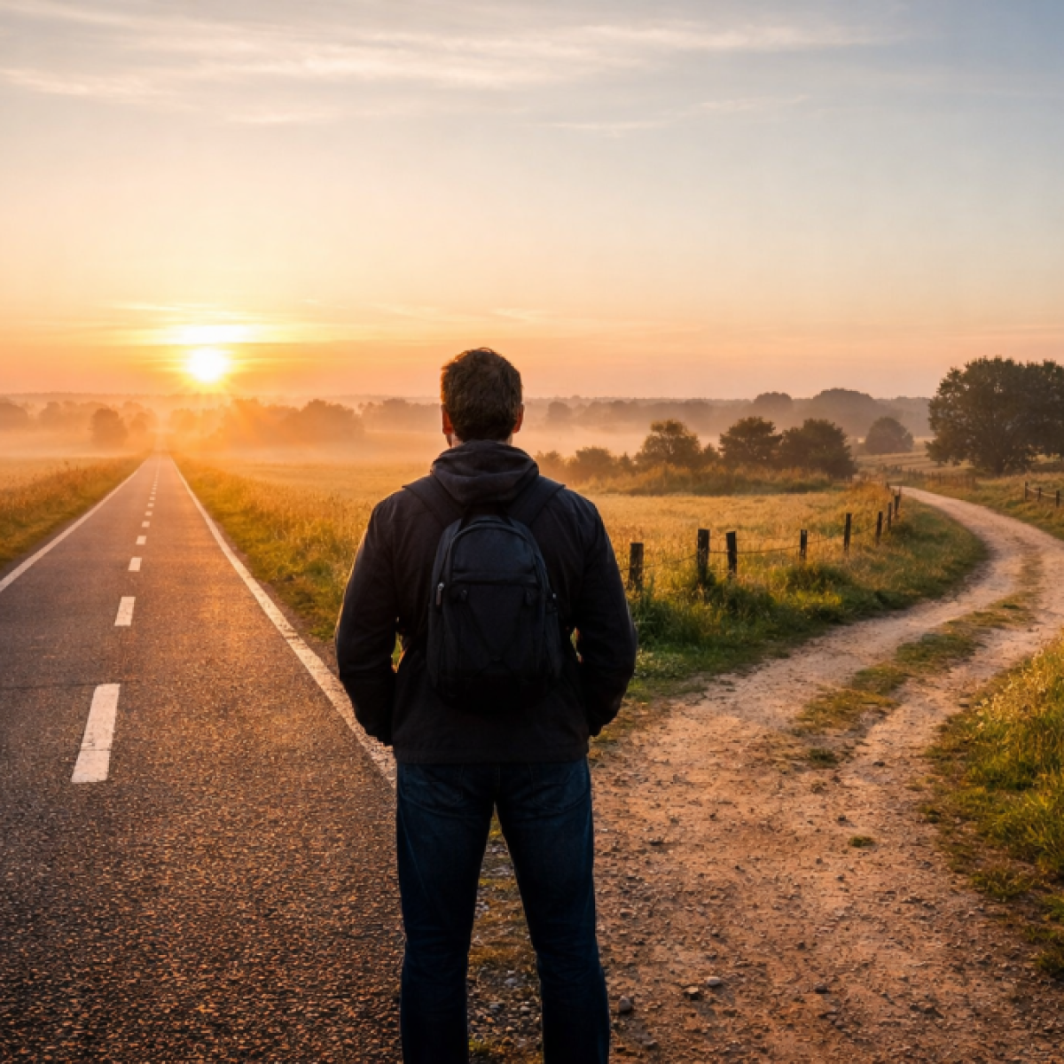 Person standing at a path divided between effort-driven goal setting and aligned future vision