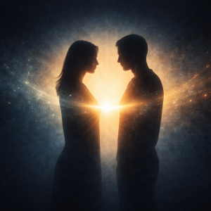 Two silhouettes connected by a warm golden light symbolizing trust and intuition