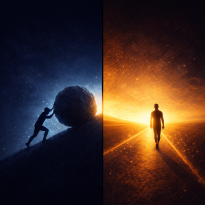 Split scene showing effort-driven struggle contrasted with effortless movement toward an aligned future