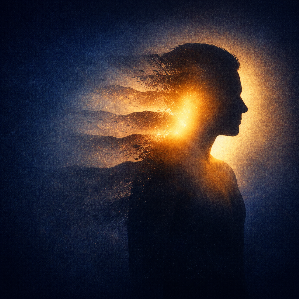 Silhouette with layered shadows lifting away symbolizing emotional clearing and release of limiting patterns
