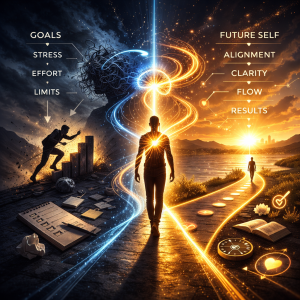 Person walking from a dark effort-driven path into a bright aligned future symbolizing the shift from force to flow