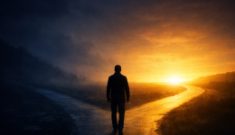 Silhouette moving toward a luminous horizon representing forward motivation and future focus