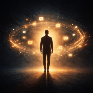 Symbolic image of a person surrounded by digital loops representing mental distraction