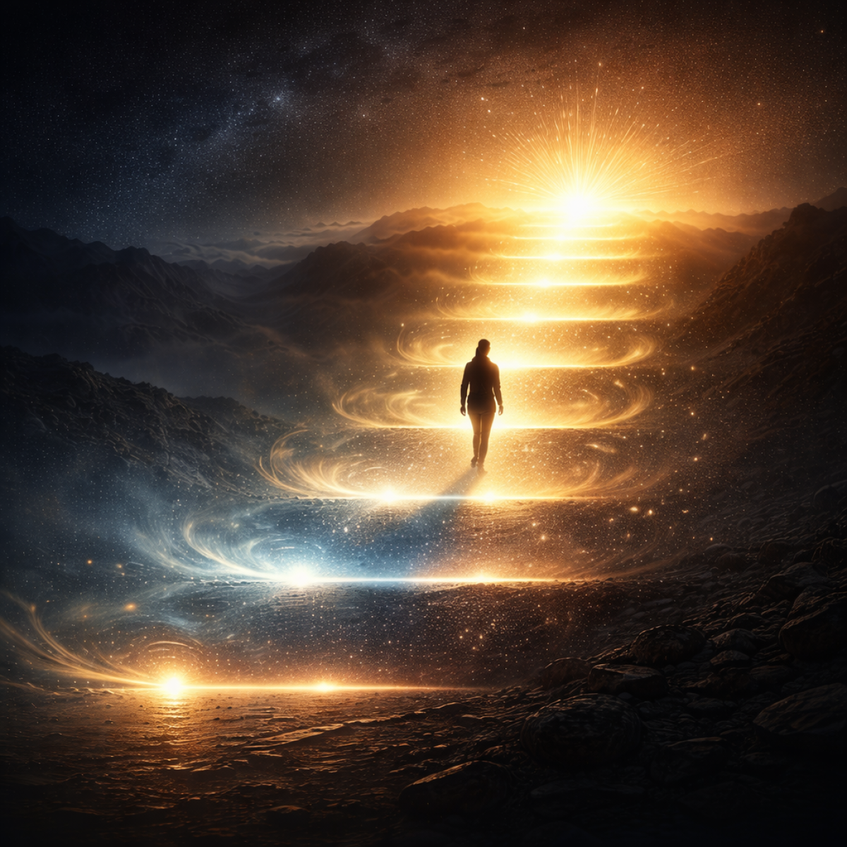 Silhouette walking through glowing stages toward a golden horizon symbolizing personal freedom.