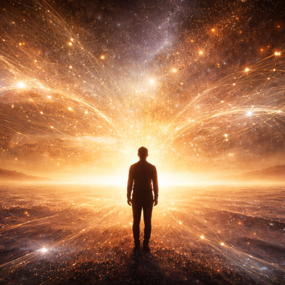 Silhouette facing a radiant golden horizon with light patterns symbolizing imagination shaping future reality.