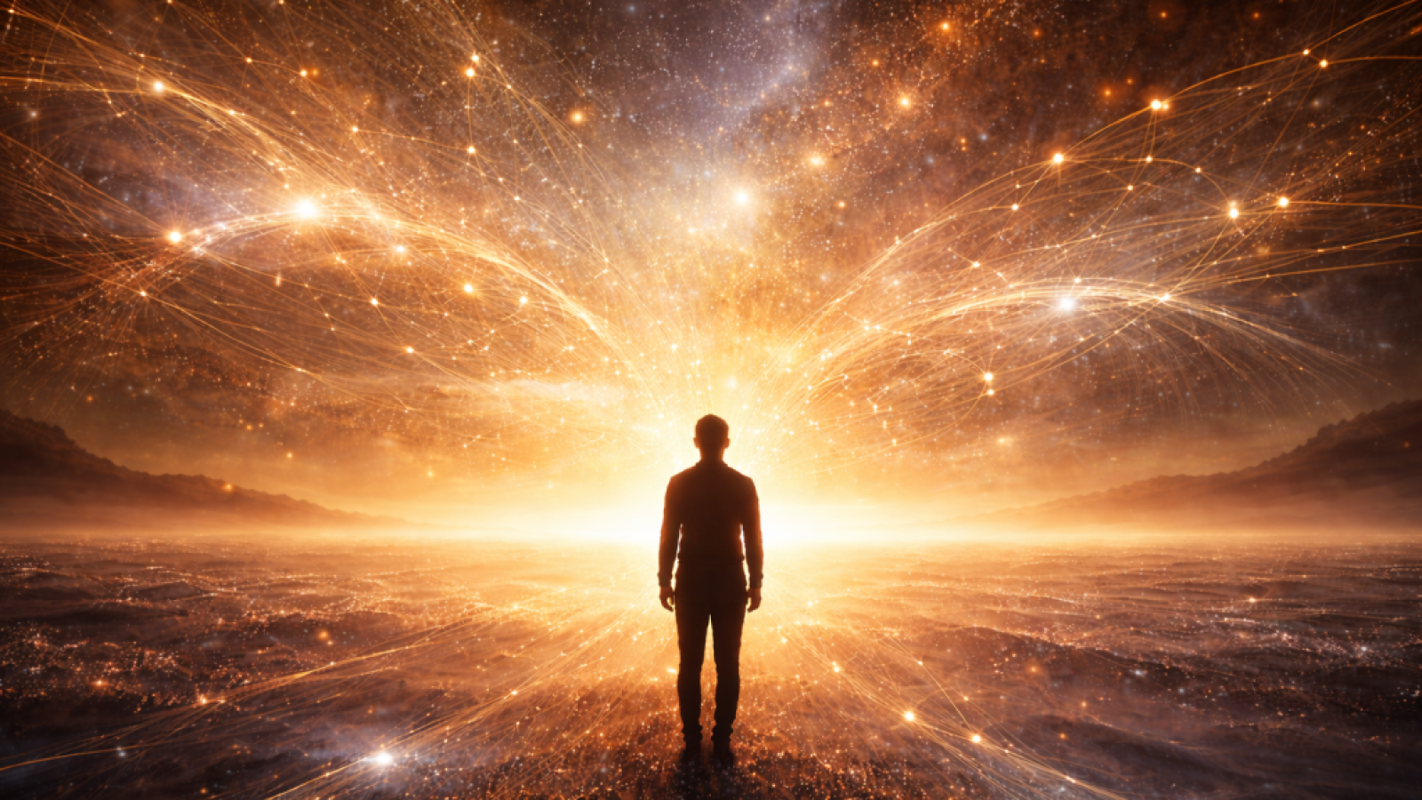 Silhouette facing a radiant golden horizon with light patterns symbolizing imagination shaping future reality.