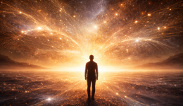 Silhouette facing a radiant golden horizon with light patterns symbolizing imagination shaping future reality.