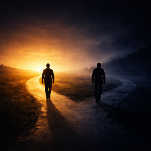 Person walking toward light while another walks away from shadow symbolizing toward and away motivation patterns