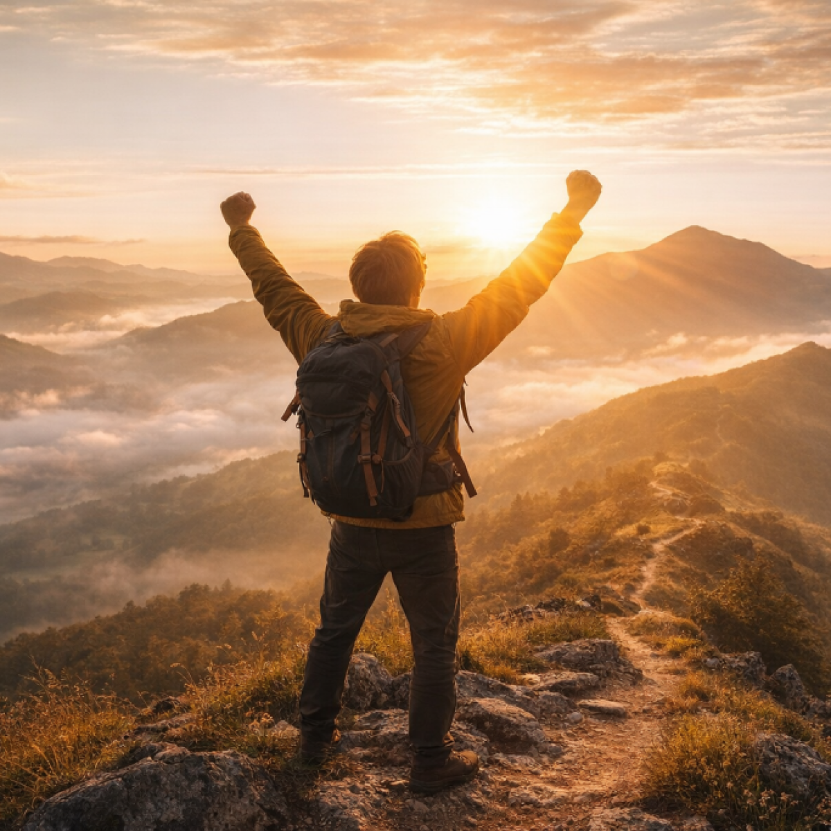 Triumphant hike at sunrise summit