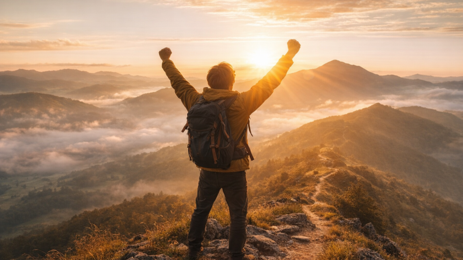 Triumphant hike at sunrise summit