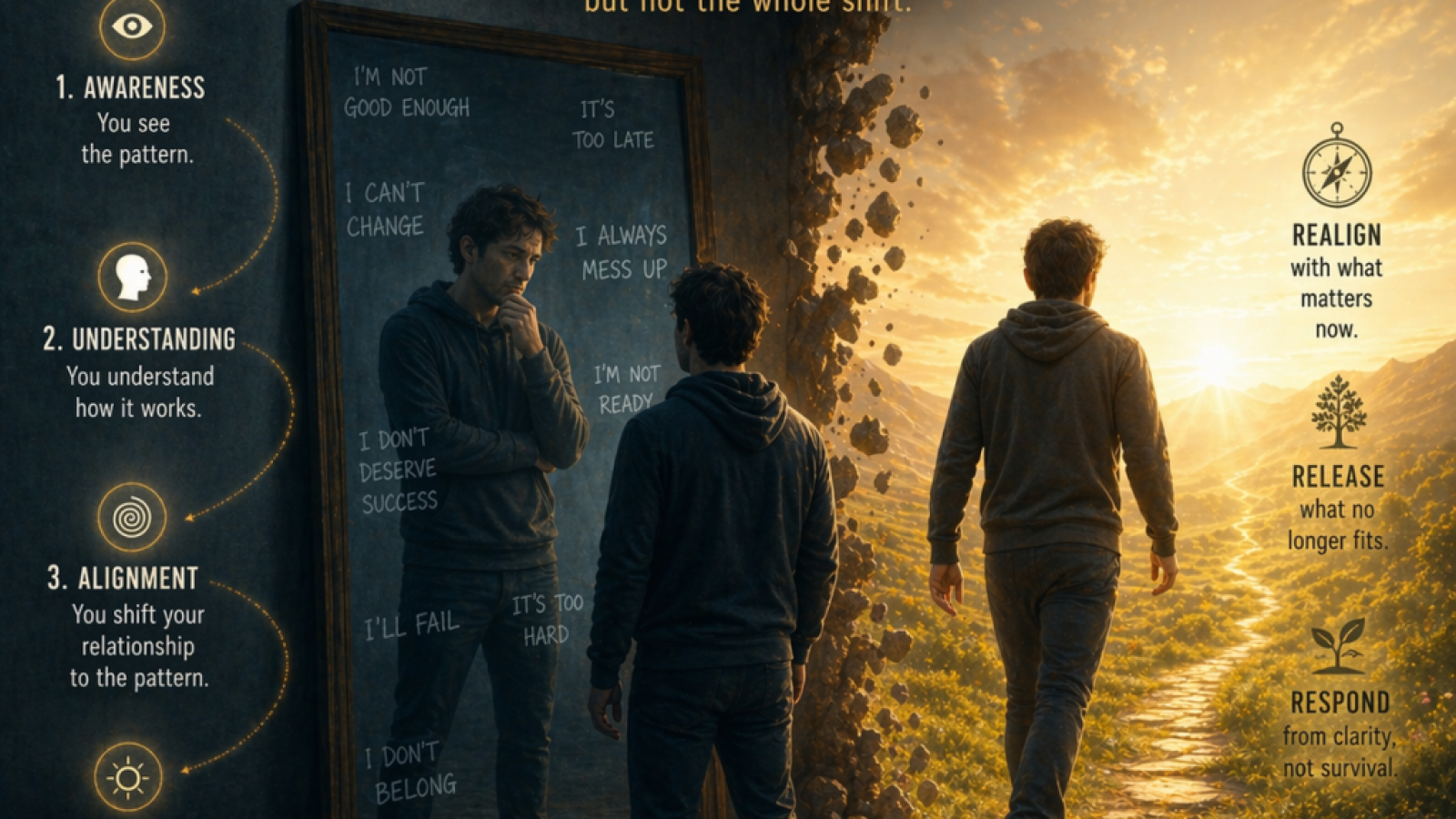 person seeing themselves clearly but not yet moving forward