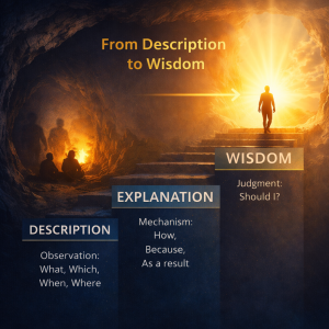 Diagram showing the progression from description to explanation to understanding and wisdom, illustrated as steps leading from a dark cave toward bright light.