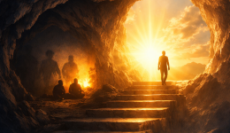 Illustration of a person leaving a dark cave and walking toward bright sunlight, symbolizing the shift from limited perception to deeper understanding.