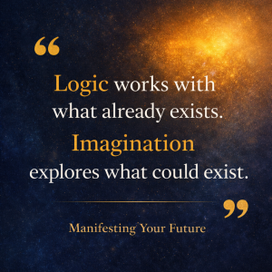 Inspirational quote graphic reading “Logic works with what already exists. Imagination explores what could exist,” on a blue and gold background.