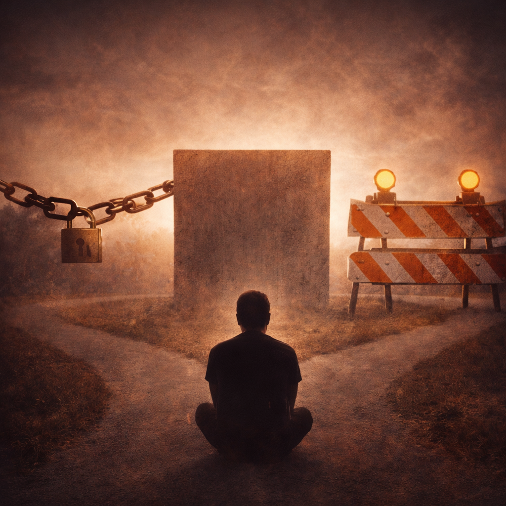 Person facing an invisible barrier representing feeling stuck and unable to move forward despite effort and trying to make progress