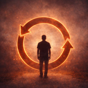 Conceptual image of a person moving through a repeating loop or path that creates effort without real progress, representing feeling stuck