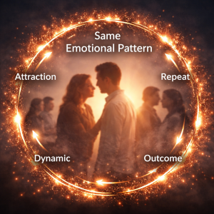 Circular loop showing repeating relationship patterns with attraction, dynamic, outcome, and repeat stages forming a continuous cycle