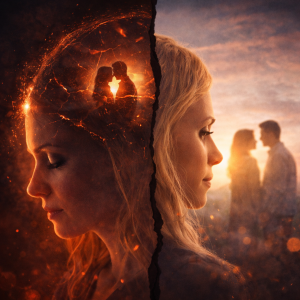 Split image showing internal emotional pattern and external relationship experience highlighting how perception shapes relationship outcomes