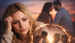 Woman reflecting on past relationships with repeated couples in a glowing circular pattern representing recurring relationship patterns