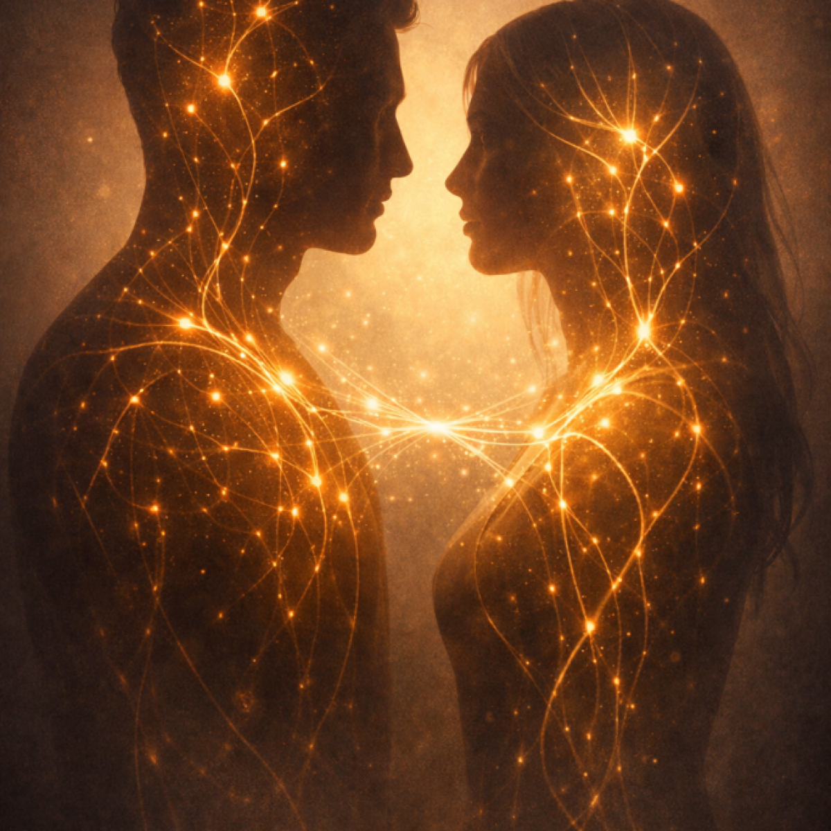 Abstract silhouettes with internal patterns aligning, representing familiar attraction and relationship patterns