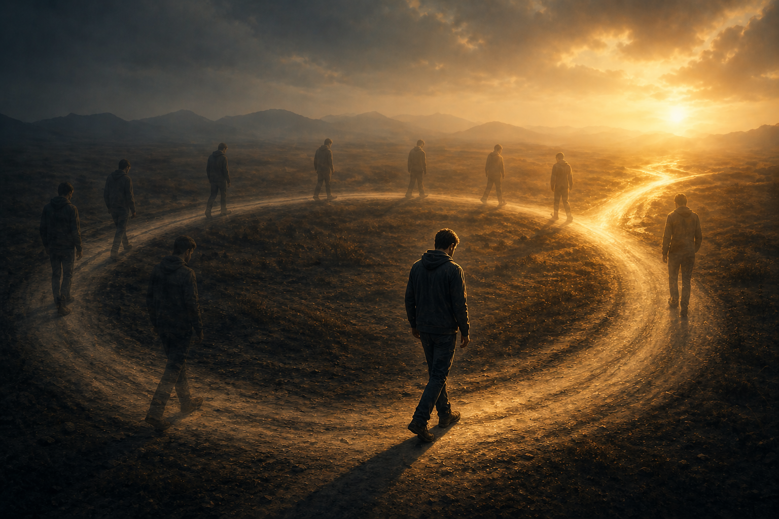 Person walking in a repeating loop representing recurring life patterns