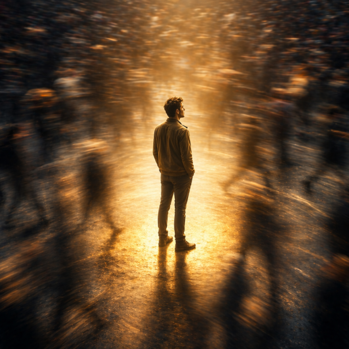 Person standing calmly while chaos moves around them representing letting go of control