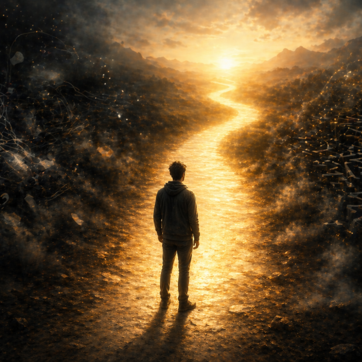 Person standing before a clear illuminated path representing mental clarity