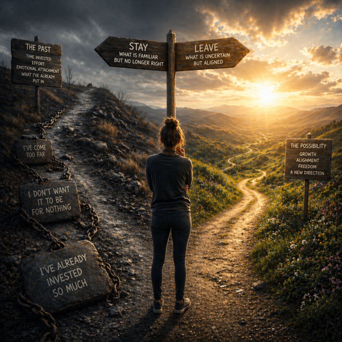 person hesitating between familiar path and new uncertain path