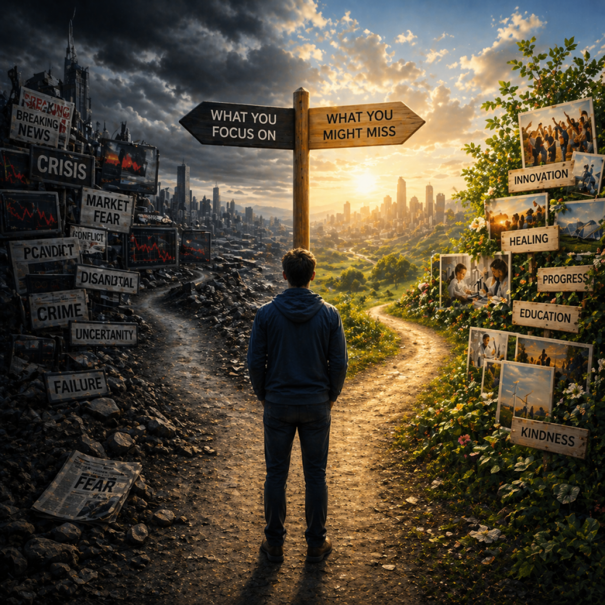person focusing on negative events while positive reality exists