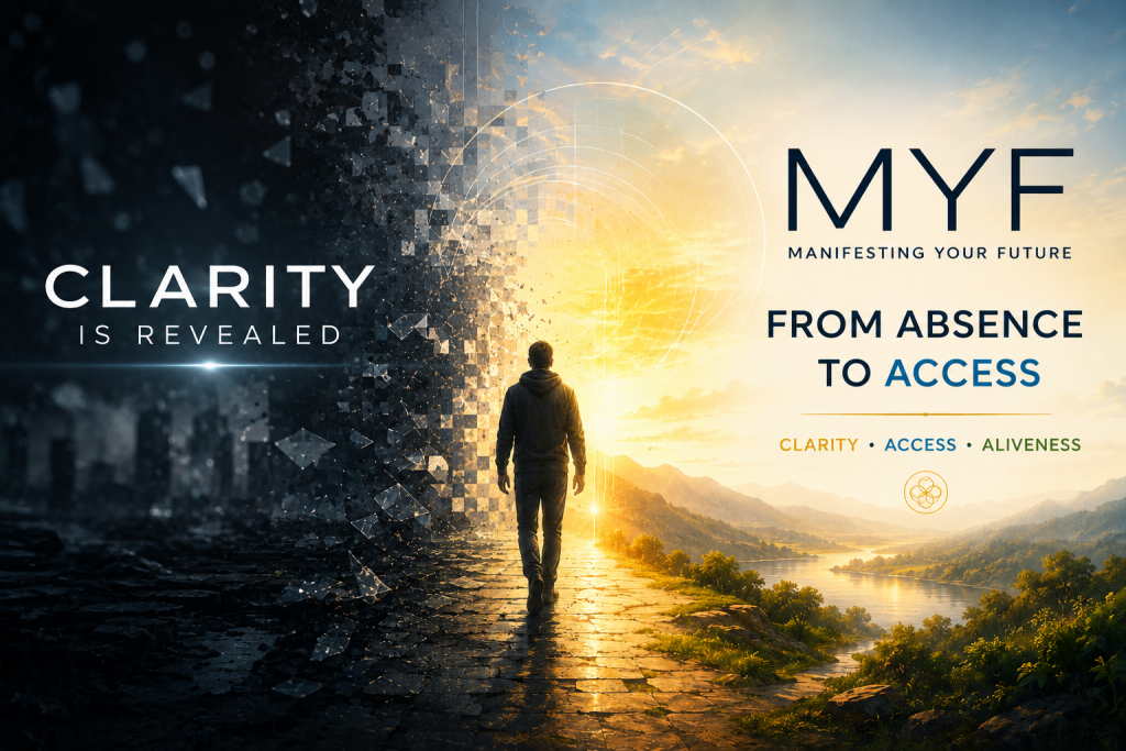Cinematic Manifesting Your Future image showing a person moving from darkness and fragmentation toward clarity, access, and aliveness.