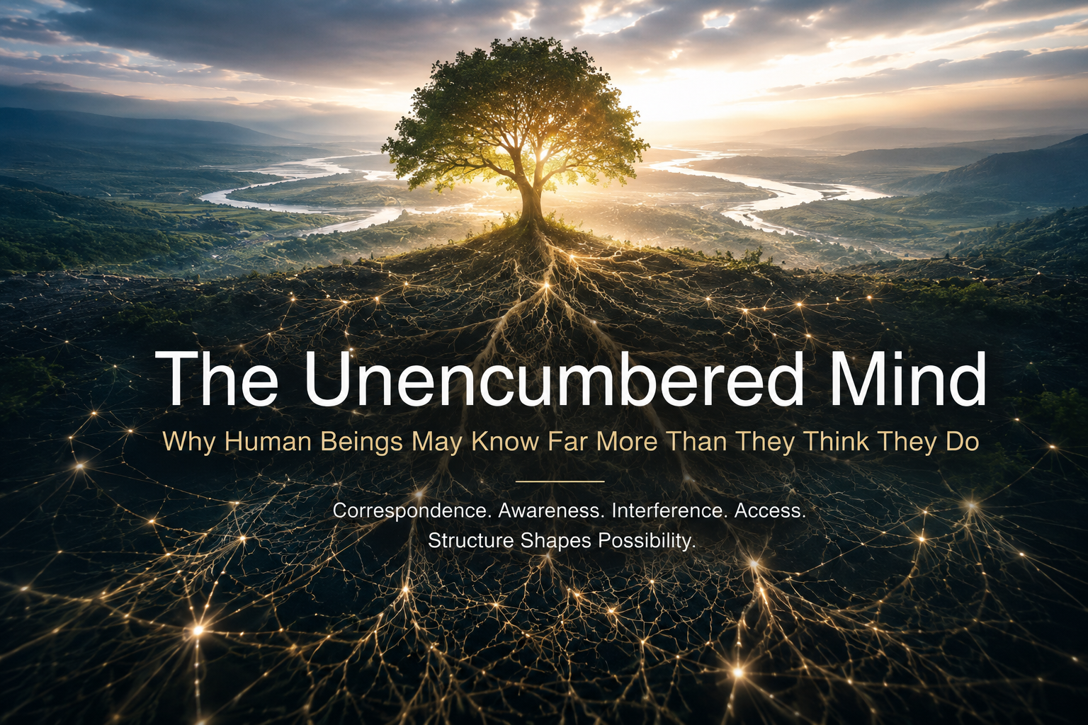 Conceptual cinematic image representing The Unencumbered Mind framework, showing interconnected roots, relational systems, awareness, structure, and human possibility emerging through reduced interference and greater access.