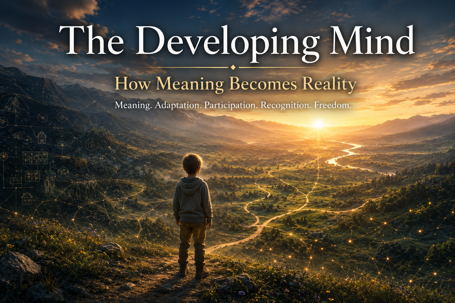 Child overlooking a vast landscape at sunrise symbolizing human development, meaning formation, participation, recognition, and personal freedom.