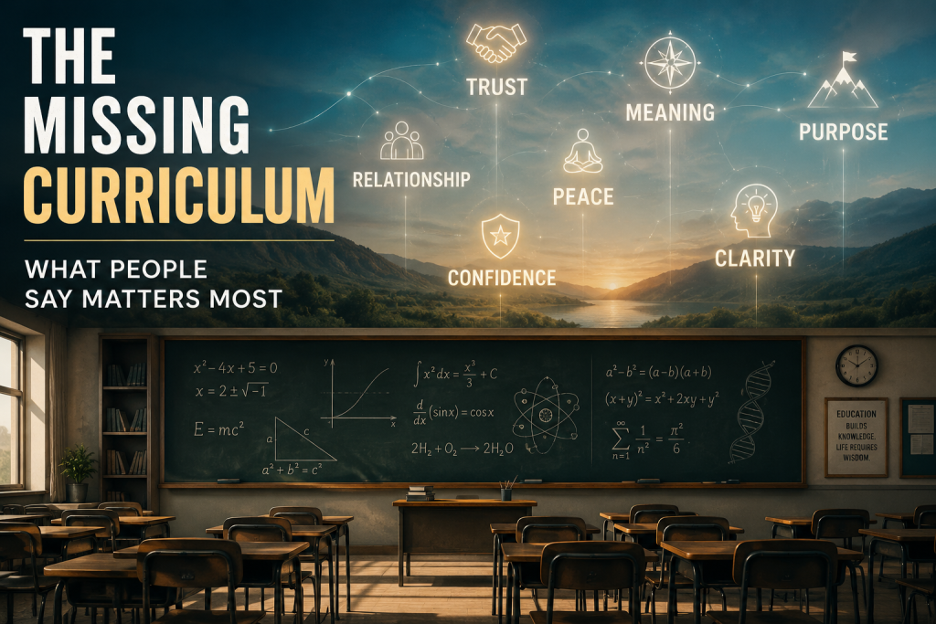 Classroom filled with traditional academic subjects contrasted with concepts people value most in life including trust, purpose, meaning, relationships, peace, confidence, and clarity.